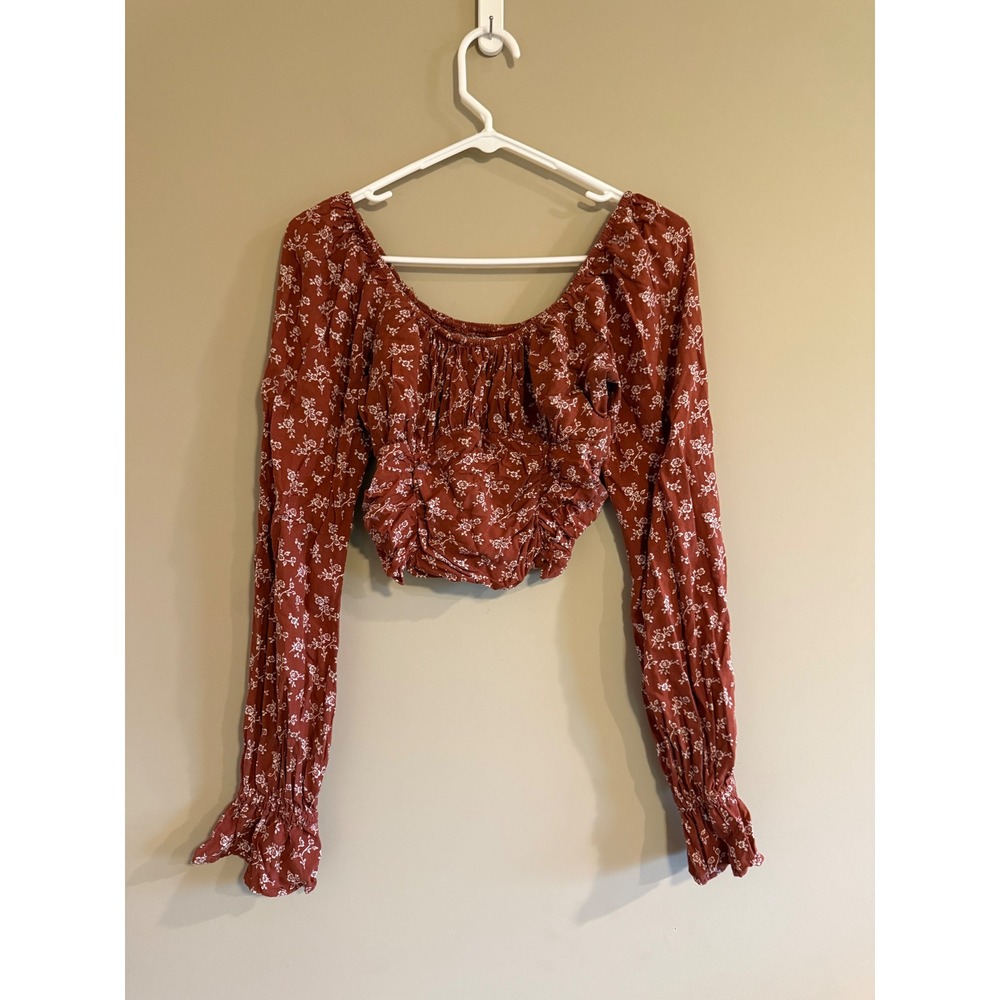 Hollister Womens Floral Smocked Off The Shoulder Long Sleeve Crop Top Rust Small